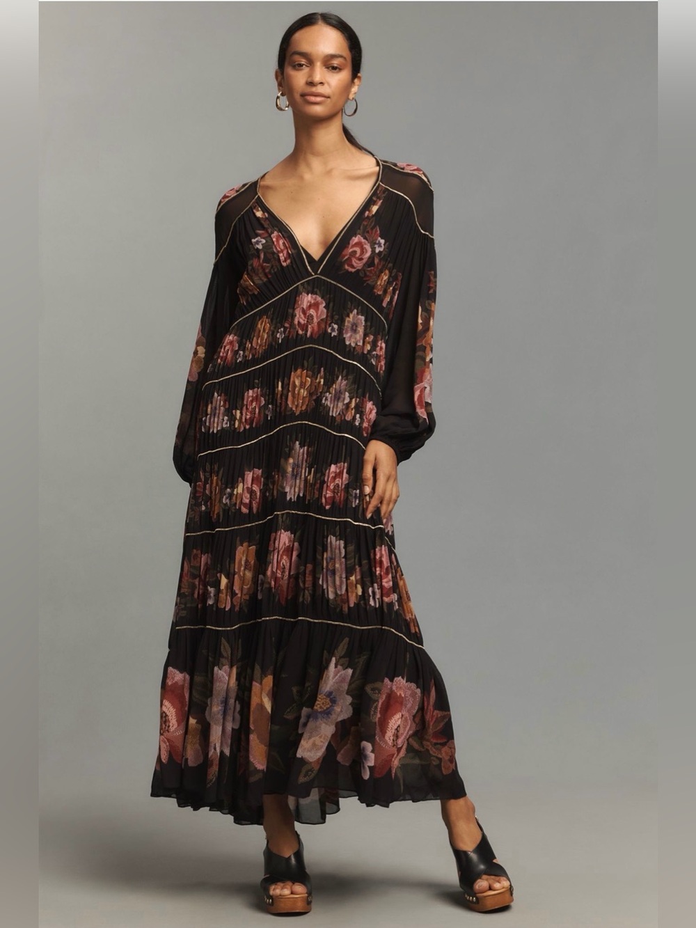 Farm Rio Black Chenille Flowers Long Sleeve Midi Dress